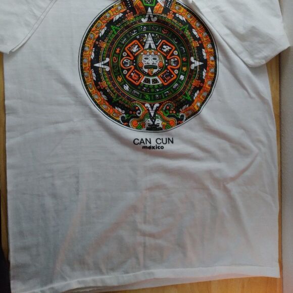Deadstock Vintage 90s Mayan Calendar Neon Cancun Mexico T-Shirt - Picture 2 of 9